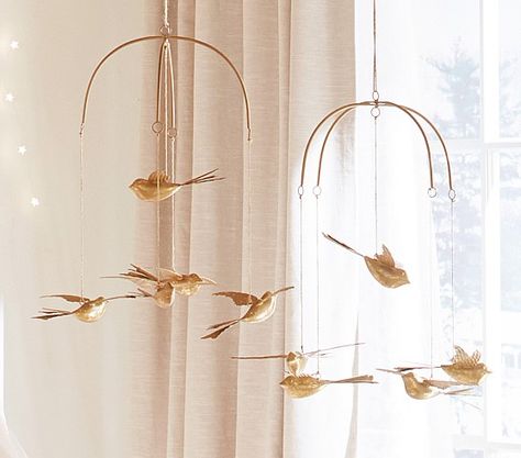 Gold Bird Mobile | Pottery Barn Kids Bird Mobile Nursery, Bird Themed Bedroom, Bird Nursery Theme, Gold Mobile, Kids Growth Chart, Bird Nursery, Baby Boy Themes, Bird Mobile