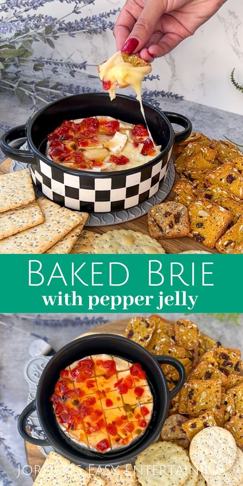 This ooey gooey baked brie with pepper jelly is a delicious party appetizer that can be made in just 15 minutes. Brie With Hot Pepper Jelly, Brie Red Pepper Jelly Appetizer, Brie Pepper Jelly Appetizer, Baked Brie Red Pepper Jelly, Baked Brie With Red Pepper Jelly, Baked Brie Pepper Jelly, Brie And Pepper Jelly Appetizer, Red Pepper Jelly Brie, Easy Shareable Appetizers