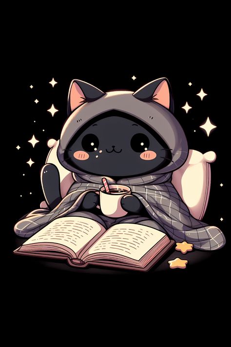 Cozy Cat Reading Book And Drink Coffee With Cookies T-Shirt Books And Cats Wallpaper, Cat And Books Wallpaper, Cute Coffee Aesthetic, Cat Reading Book, Cat Drinking Coffee, Cat And Book, Animal Love Quotes, Cat And Coffee, Books And Cats