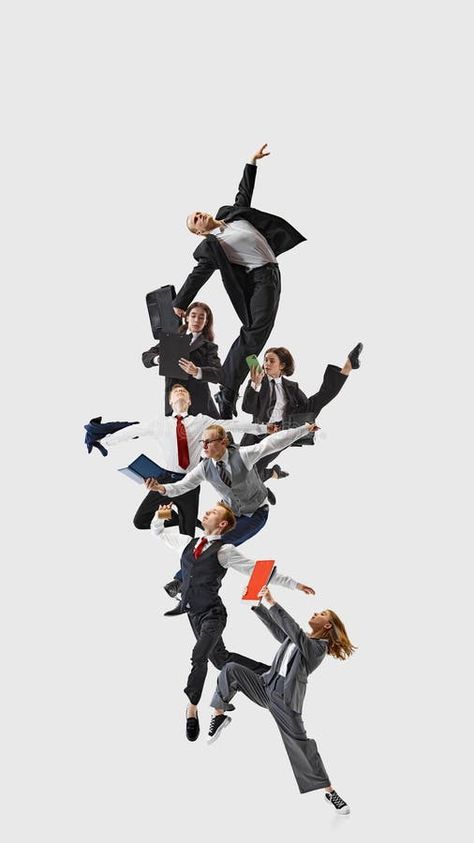 Creative collage. Group of business professionals in dynamic mid-air poses, dressed in formal attire, holding office stock images Team Picture Poses, Creative Collage, Team Pictures, Team Photos, Business Professional, Reference Poses, Team Apparel, Formal Attire, Female Images