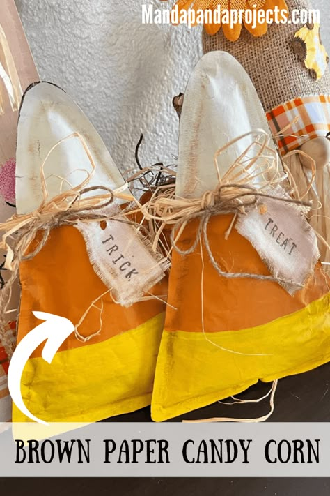 Nothing says Fall like some yellow, orange, and white Kraft Paper Candy Corn! This project is 3 of my favorite things, it’s easy, its fun, and its affordable. DIY Fall Decor for the win! #diyfalldecor #candycorn Toilet Paper Candy Corn, Diy Fall Decor With Paper, Paper Mache Candy Corn, Candy Corn Toss Diy, Burlap Candy Corn, Candy Corn Crafts Diy, Fall Fabric Crafts Diy Projects, Diy Candy Corn Decor, Diy Halloween Candy Bags