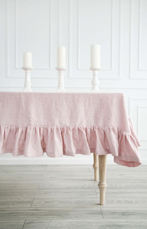 Cute Table Cloth, Light Pink Table Cloth, Aesthetic Tablecloth, Wedding Table Cloth Ideas, Tablecloth Aesthetic, Pink Table Cloth, Ruffle Tablecloth, Ruffled Tablecloth, Pink Tablecloth