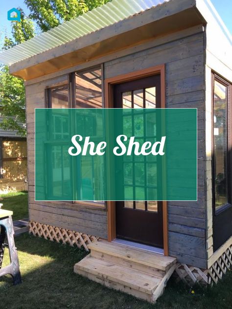 I've wanted my own version of a She Shed for a few years. With my guy's mad carpentry skills, it all came together and I love it! Close to finished, added front stoop, lattice along the base and some flashing above. She Shed: humble beginnings She Shed: ready for a dance party This is the extant (mostly) of the new materials used, cedar frame and deck boards (Home Depot) for the floor, roof is corrugated plastic (Menards) Front door and 4 windows all reclaimed (view of fron… Corrugated Plastic Roofing, Repurposed Candle Holders, Plastic Roofing, Bohemian Patio, Pool Shed, Front Stoop, Pallet Shed, Easy Diy Paint, Large Chalkboard