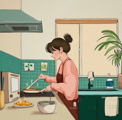 Spring Kitchen, Cartoon Girl Drawing, Illustration Art Girl, Almost Ready, Girly Art Illustrations, Cute Couple Art, Feb 2, Dreamy Art, Girls Cartoon Art