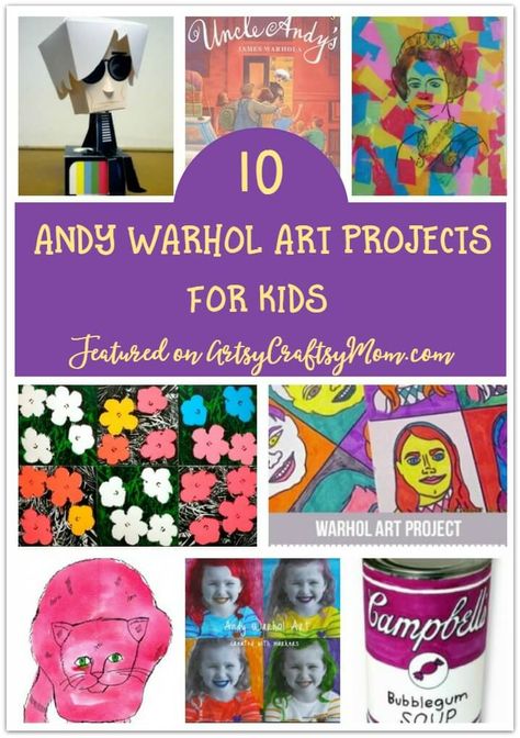 Create 10 crafts inspired by the legendary artist Andy Warhol! Great addition to art class for elementary kids! Andy Warhol Pop Art, Pop Art For Kids, Andy Warhol Art, Warhol Art, Art Projects For Kids, Art Lessons For Kids, Homeschool Art, Artists For Kids, School Art Projects