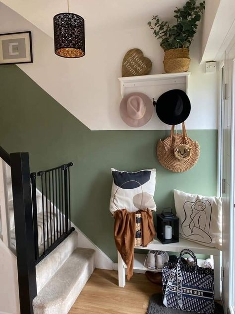 Hall And Stairs Paint Ideas, Tiny Landing Ideas Upstairs, Painted Hall Stairs And Landing, Split Wall Paint Hallway, Staircase Wall Design Paint, Half Wall Paint Stairs, Small Hallway Stairs, Two Tone Hallway Green, Funky Hallway Paint Ideas