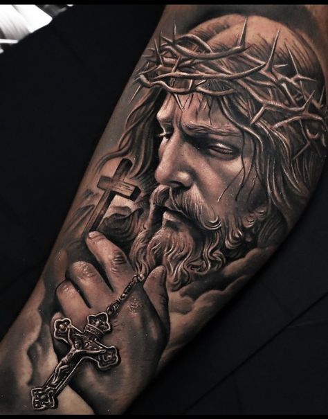 Mens Religious Tattoos, Shoulder Tattoo Men Greek Mythology, Religious Arm Sleeve Tattoos, Catholic Sleeve Tattoo Men, Jesus Sleeve Tattoo Men, Christian Realism Tattoo, Cross Arm Tattoo For Men, Jesus Tattoos Men, God Tattoos For Men Forearm