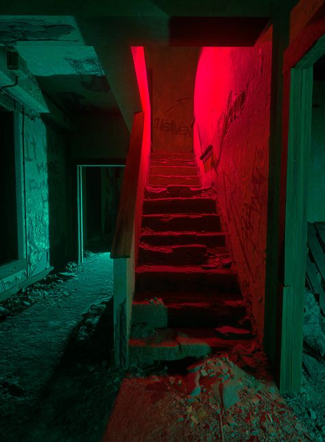 Stairway To Heaven , Alex Beddows on ArtStation at https://www.artstation.com/artwork/k4980z Neon Noir, Light Study, Olivia Black, Stairway To Heaven, Cinematic Photography, To Heaven, Red Light, The Brain, Abandoned Places