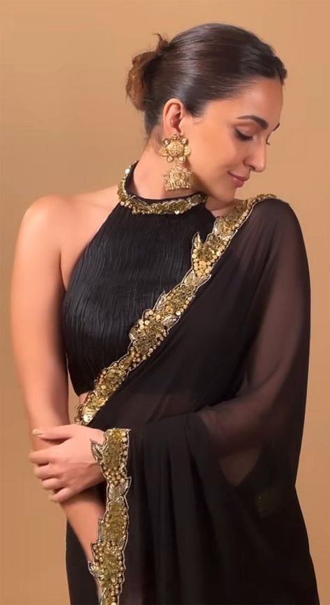 Black And Golden Saree, Golden Saree, A Woman, Saree, Gold, Black