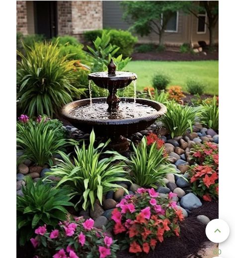 Small Garden With Fountain, Front Yard Fountain, Yard Fountain, Driveway Edging, Landscaping With Fountains, River Rock Landscaping, Fountains Backyard, Front Yard Garden Design, Garden Entrance