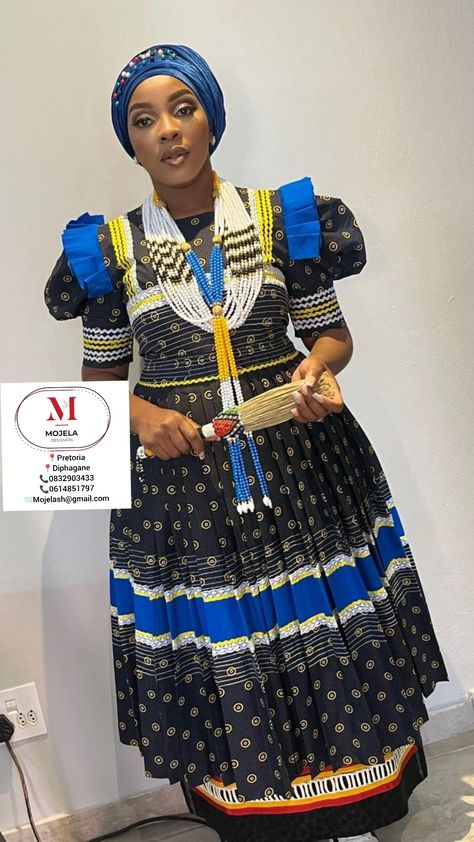 Blue Sepedi traditional dress Modern Sepedi Traditional Dresses, Pedi Traditional Dresses, Sepedi Attire, Sepedi Traditional Attire, Pedi Traditional Attire, Sepedi Traditional Dresses, Xhosa Attire, South African Traditional Dresses, African Traditional Wear