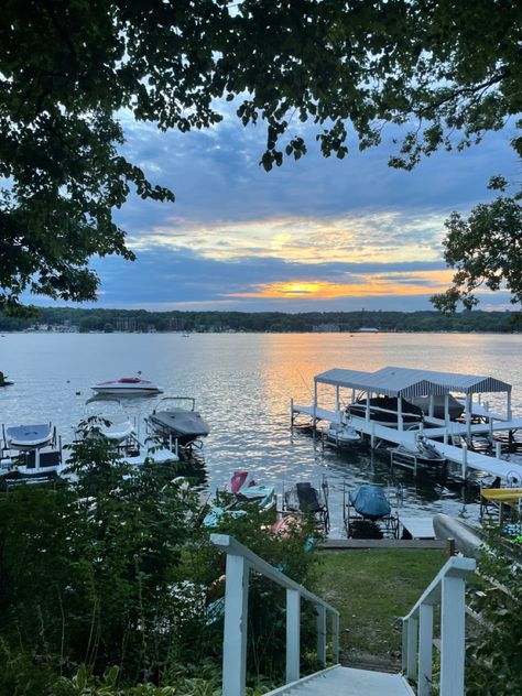 Lake Geneva Aesthetic, Wisconsin Lake House, Wisconsin Aesthetic, Lake House Summer, Wisconsin Summer, Sunset Over Lake, Muskoka Cottage, Lake Geneva Wisconsin, Lake Living