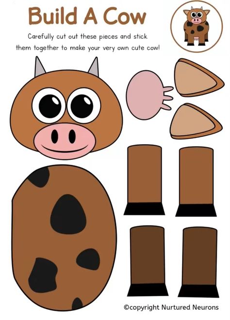 Cut And Stick Activities For Kids, Cut And Paste Activities For Kids, Paper Craft Animals, Cut And Paste Crafts, Aba Materials, Craft Animals, Cow Craft, Pencil Control, Farm Craft