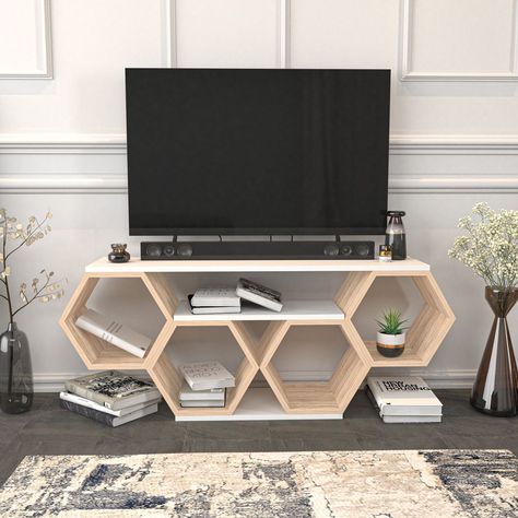 Unique Tv Console, Tv Console With Storage, Horizontal Shelf, Triangle Shelves, Vases Ceramic, Honeycomb Shelves, Wood Tv Console, Modern Tv Units, Design Tv