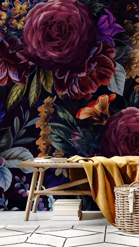 If you prefer deeper, darker, more enigmatic colours for the home, this maximalist floral wallpaper ticks all the right boxes with the moody floral trend. Stylish, cosy and full of romance, dark botanical wallpapers are perfect for a feature wall. They form a fantastic backdrop to a luxury fabric chaise longue, an art deco sideboard, or a designer dining set. This dark wallpaper is the perfect complement to this years Pantone colour of the year: Very Peri. Periwinkle Colour, Colour Of The Year 2022, Foliage Wallpaper, Maximalist Floral, Dark Floral Wallpaper, Purple Foliage, Moody Wallpaper, Purple Room, Bed Design Ideas