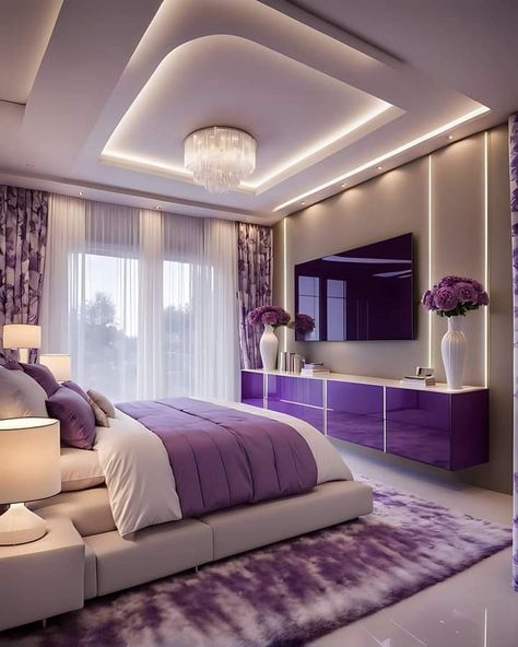 Dream Bedroom Purple, Modern Bedroom Purple, Luxurious Bedrooms Purple, Luxury Bedroom Master Purple, Modern Purple Bed, Beautiful Dorm Room, Purple Room Decor, Dream Bedroom Inspiration, Interior Design Your Home