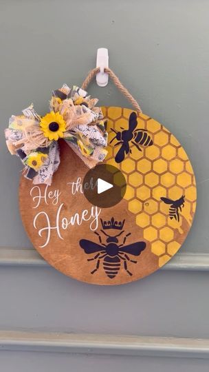 103 reactions · 11 shares | Hey there, Honey Bee Door Hanger made with queen bee and honeycomb stencils from Amazon and a big fabric bow. DIY front door decor for your home for the win! #doorhanger #doorhangersofinstagram #doorhangers #bumblebee #queenbee #honeybee #doordecor #diydecor #diycrafts #frontdoordecor #crafty | Manda Panda Projects Fabric Bow Diy, Diy Front Door Decor, Bee Door Hanger, Diy Front Door, Bumble Bee Craft, Bee Craft, Bow Diy, Bee Sign, Bee Crafts