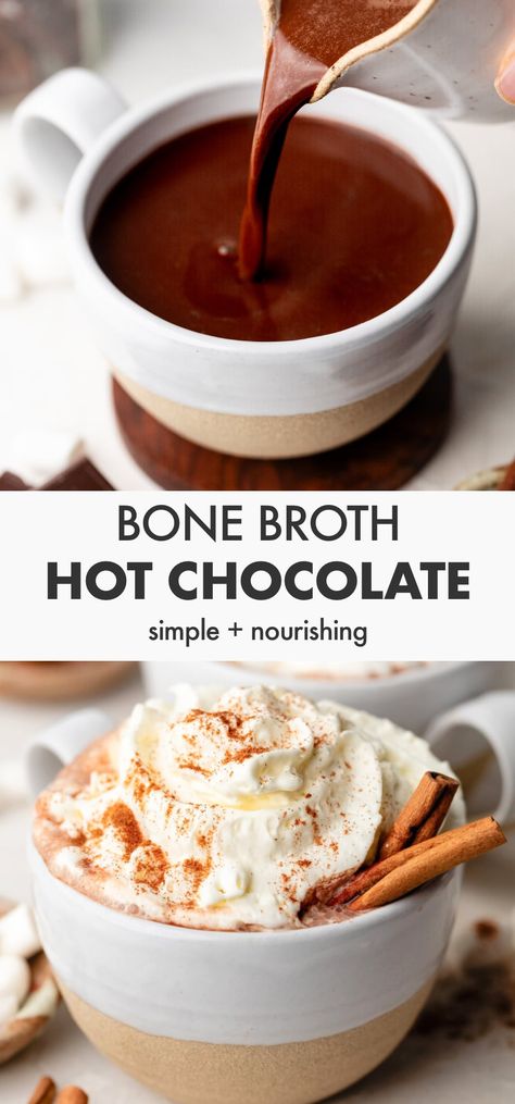 Bone Broth Hot Chocolate Coconut Cream Hot Chocolate, Superfood Hot Chocolate, Raw Cacao Hot Chocolate, Bone Broth Hot Cocoa Recipe, Bone Broth Postpartum, Bone Broth Cocoa, Cooking With Bone Broth, Hot Chocolate Alternative, Gut Healing Hot Chocolate