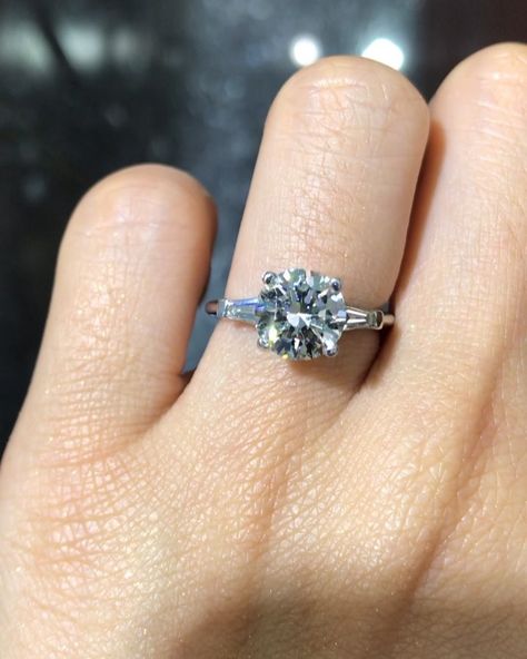 Round Brilliant With Tapered Baguettes, Round Diamond With Side Stones, Round Engagement Ring With Baguettes, Round Diamond With Baguettes, Enagement Rings, Baguette Side Stones, Antique Cushion Cut, Baguette Engagement Ring, Antique Cushion