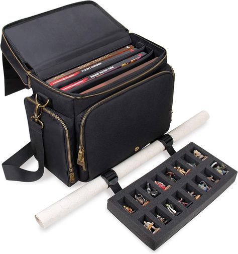 Gift for dungeon master Tabletop DnD Bag - RPG Adventurer's Dungeons and Dragons Accessories Bag with Miniatures Storage, Mat Holder, DnD Dice & Token Pockets, Fits 4-8 Books, DM's Guide, Player's Handbook CARRY EVERYTHING YOU NEED: Room enough for your dragon's hoard of player or DM gear. From dice, minis, books, maps and snacks, the ENHANCE Adventurer's DnD Bag can carry it all RPG BAG FOR YOUR PERSONAL ARCANE LIBRARY: Store 4-8 books Miniatures Storage, Dnd Bag, Dragon Table, Dungeons And Dragons Accessories, Figure Storage, Dnd Mini, Dungeon Master's Guide, Mini Storage, Accessories Bag