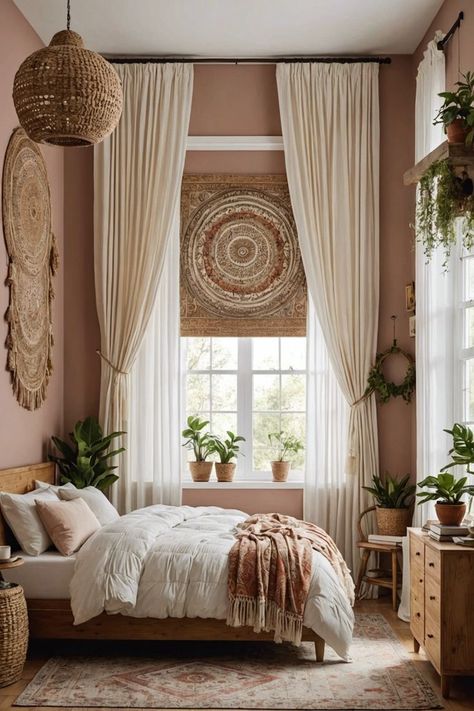 Unlock your bohemian dreams with 20 mesmerizing curtain ideas for your bedroom! Elevate your space with flowing fabrics, intricate patterns, and warm hues that will transport you to a serene and stylish haven. Click to explore and find your perfect boho curtains today! Boho Curtain Ideas, Decorating Small Kitchen, Sheer Curtains Living Room, Sheers Curtains Living Room, Dye Curtains, Cozy Home Interior, Cozy Interior Design, Curtains Sheer, Small Space Interior Design