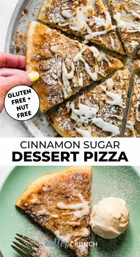 This Cinnamon Sugar Dessert Pizza recipe is the perfect sweet treat! Made with a quick gluten-free pizza dough mix, a cinnamon sugar topping, and a sweet glaze, it features simple ingredients and comes together in minutes! Sweet And Crunch Cinnamon Sugar Pizza, Dessert Pizza Toppings, Desert Pizza Recipes, Cinnamon Sugar Dessert, Easy Dessert Pizza, Cinnamon Sugar Desserts, Dessert Pizza Recipe, Heavenly Dessert Recipe, Cotter Crunch