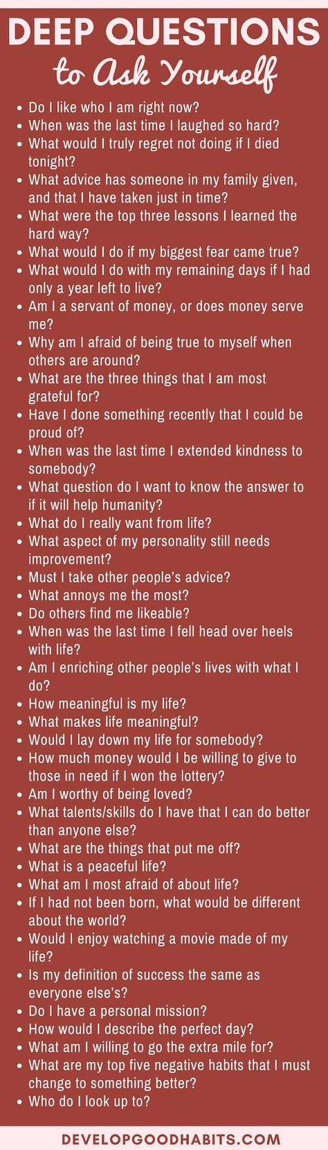 One of the benefits of answering deep questions is that you get the chance for self-reflection. Self-reflection points out exactly where you are right now in your emotional landscape. It can also remind you about the goals you’ve set for yourself, and force you to acknowledge whether you’re fulfilling them or not. #selfhelp #selfimprovement #questions #deepthoughts #deepquestions Question To Ask Yourself Deep, Questions To Ask Your Followers, Questions To Call Yourself Out On, Hard Questions To Ask Friends, Daglig Motivation, Emotional Landscape, Deep Questions To Ask, Journal Questions, Friend Groups