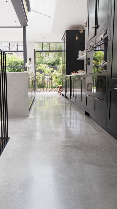 Hannah discovered our polished concrete on social media and fell in love with Cool Grey. The satin finish works beautifully with bright open windows providing ample natural and reflected light ✨ Concrete Floor Room Ideas, Polished Concrete Floor Ideas, Stained Polished Concrete Floors, House With Concrete Floors, Concrete Floor In Kitchen, Poured Concrete Floor Kitchen, Kitchen With Polished Concrete Floor, Polished Concrete Garage Floor, Polished Concrete Kitchen Floor