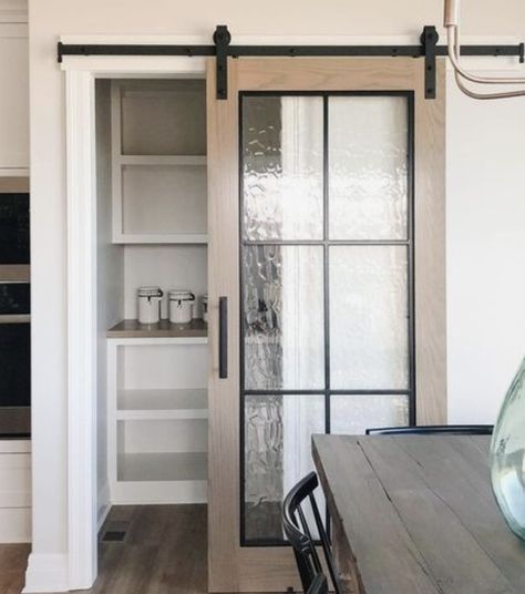 Glass Barn Door Kitchen, Kitchen Pantry Glass Doors, Barn Pantry Doors Kitchen, Barn Door For Pantry Kitchens, Pantry Door Sliding, Barn Door Kitchen Pantry, Glass Doors To Office, Barn Door Over Sliding Glass Door, Sliding Doors Pantry