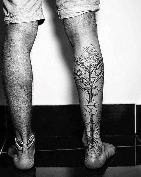 50 Geometric Leg Tattoos For Men - Masculine Design Ideas Tree Leg Tattoo, Leg Tattoo Designs, Biomech Tattoo, Calf Tattoo Men, Back Of Leg Tattoos, Tattoo Perna, Tattoo Homme, Tattoo Ideas Males, Best Leg Tattoos