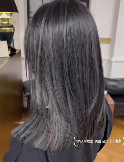 Dark Grey Silver Hair, Black Hair Grey Highlights, Dark Grey Hair Charcoal, Dark Grey Hair Dye, Black Hair With Grey Highlights, Ash Gray Hair, Dark Silver Hair, Grey Brown Hair, Ash Grey Hair