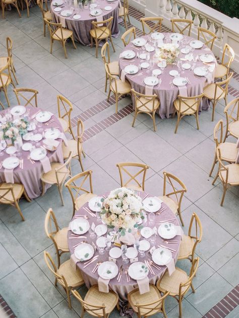 Lilac And Mauve Wedding, Purple Tablecloth Setting, Lavender Wedding Table Setting, Mauve Table Setting, Purple And Greenery Wedding, Lilac Table Setting, Mauve Wedding Table, Wedding Reception Colors, Purple Table Settings