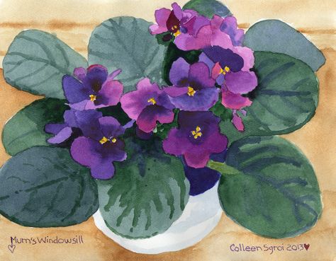 Mum's Windowsill - watercolor by Colleen Sgroi Violets Painting, Watercolour Violets, Violet Watercolor Painting, Violets Watercolor Painting, African Violet Painting, Painting Techniques Art, African Violet Watercolor, African Violets Plants, Watercolor Paintings Nature