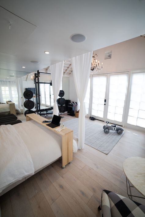 Gym Bedroom Aesthetic, Exercise Area In Bedroom Master Suite, Bedroom Workout Space Ideas, Workout Station In Bedroom, Workout Room In Bedroom, Bonus Room Gym And Media, Office Workout Guest Room Combo, Bedroom To Gym Conversion, Bedroom With Workout Area