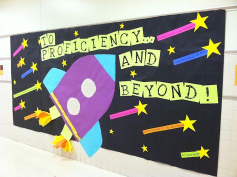 To Proficiency and Beyond! Bulletin Board to use for Test prep motivation. Space Door Decorations Classroom, Testing Bulletin Boards, Counselor Decor, Space Bulletin Boards, Test Prep Motivation, Counseling Bulletin Boards, Space Theme Classroom, Testing Motivation, Space Classroom