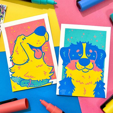 Playful Dog Illustration, Big Dog Illustration, Posca Ideas, Dog Acrylic Painting, Pet Caricature, Golden Retriever Illustration, Dog Cartoons, Retro Games Wallpaper, Animal Caricature