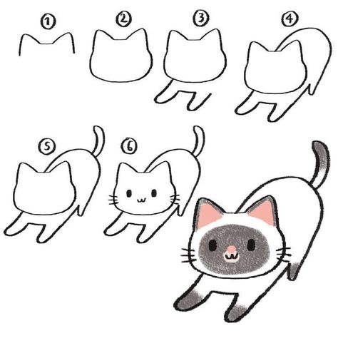 Cat Step By Step, Cat Tattoo Ideas, Simple Cat Drawing, Doodle Art For Beginners, Cat Drawing Tutorial, Easy Animal Drawings, Desain Quilling, Easy Drawings For Kids, Easy Doodle Art