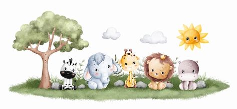 Safari Baby Png, Safari Baby Animals, Lion Birthday, Baby Animal Art, Grassy Field, Baby Painting, Jungle Baby, Safari Baby, Jungle Theme