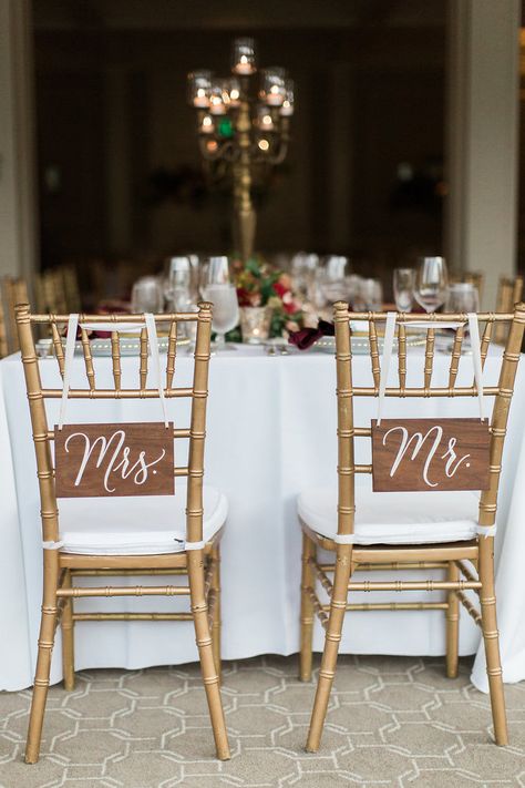 Wooden Mr + Mrs chair signs | Bridalbliss.com | Portland Wedding | Oregon Event Planning and Design | Amanda K Photography Mr And Mrs Chair Decor, Bride And Groom Chair Signs, Mr And Mrs Chair Signs, Bride Groom Chairs, Bride Groom Table, Wedding Oregon, Bells Wedding, Wedding Chair Signs, Event Planning Decorations