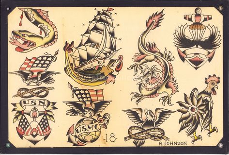 Ralph Johnstone Tattoo Flash, Ralph Johnstone, Trad Flash, Vintage Tattoo Design, Flash Ideas, Japanese Designs, Dragon Tattoos, Traditional Flash, Flash Sheet