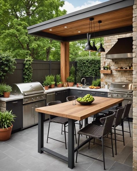 Outdoor Kitchen With Table, U Shaped Outdoor Kitchen Layout, Outdoor Patio With Grill Area, Outdoor Kitchen Under Deck, Back Yard Bbq Ideas Grill Area Patio, Small Outside Kitchen Ideas, U Shaped Outdoor Kitchen, Small Backyard Kitchen, Outdoor Kitchen Countertop Ideas