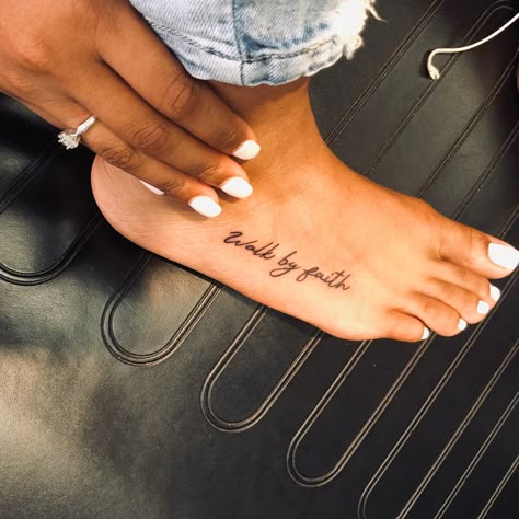 Walk by faith tattoo Two Arm Tattoos For Women, Blind Faith Tattoo, Small Female Tattoos, Faith Foot Tattoos, Faith Tattoo Designs, Foot Tattoo Quotes, Cute Foot Tattoos, Grandma Tattoos, Small Foot Tattoos