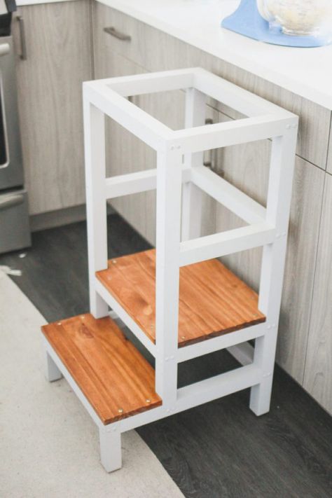 Diy Montessori Step Stool, Diy Toddler Stool For Kitchen, Diy Kitchen Stool For Kids, Kitchen Helper Tower Diy, Kids Kitchen Helper Stool, Toddler Helper Stool Diy, Diy Kitchen Stools, Montessori Tower Diy, Kitchen Helper Stool Diy Plans