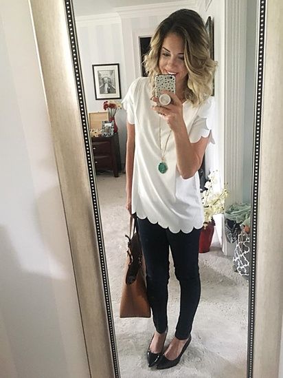 The basic white tee just got upgraded! Scallop details give this white blouse the feminine details and under $10. Perfect for date night or even work. #momstyle #ShopStyle #SummerStyle #shopthelook #WearToWork #DateNight Casual Teacher Outfits Summer, Student Teaching Outfits, Casual Teacher Outfit, Teacher Attire, Spring Teacher Outfits, Summer Teacher Outfits, Teacher Wardrobe, Teacher Clothes, Teaching Outfits