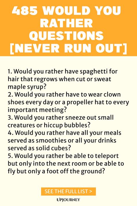 Looking for fun conversation starters? Check out this amazing collection of 485 Would You Rather questions that will keep the conversations flowing and ensure you never run out of things to talk about! Perfect for parties, road trips, or simply hanging out with friends. Get ready for some hilarious debates and interesting discussions. Spice up your gatherings with these thought-provoking questions now! Things To Talk About With Friends, Short Funny Stories, Funny Would You Rather, Work Etiquette, Psychology Terms, Fun Icebreakers, Would You Rather Questions, Friendship And Dating, Interesting Conversation