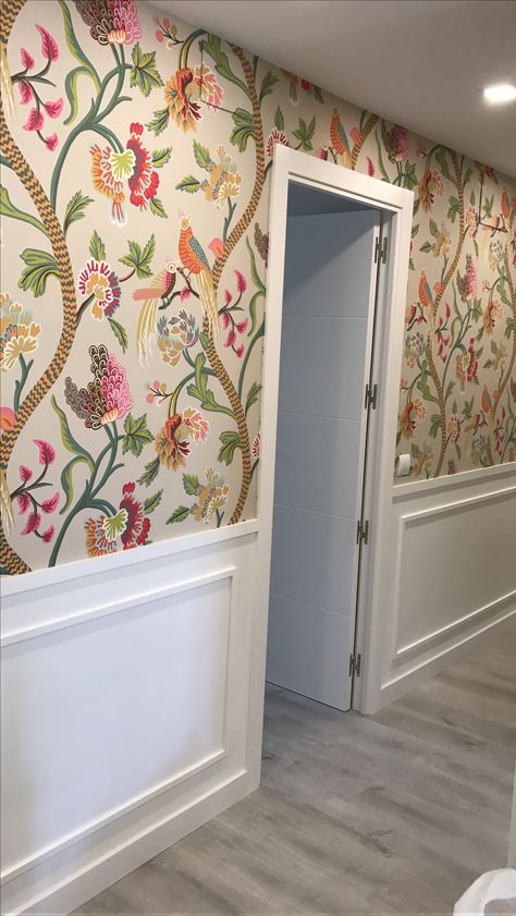 Wallpaper Crown Molding, Panelling Hallway Wallpaper, Waines Coating Hallway, Wallpaper Bottom Half Of Wall Living Room, Wallpaper And Dado Rail, Half Panel Half Wallpaper Bedroom, Panelled Hallway With Wallpaper, Panelling And Wallpaper Hallway, Hallway Panelling And Wallpaper