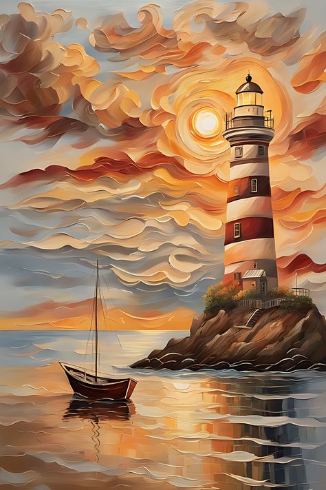 Seascape with a boat on the water a lighthouse on the shore and a sun setting behind the clouds Painting Of A Lighthouse, Lighthouse Landscape Painting, Lighthouse Oil Painting, Light House Art, Seascape Drawing, Boats Painting, Lighthouse Drawing, Pictures Animals, Boat Drawing