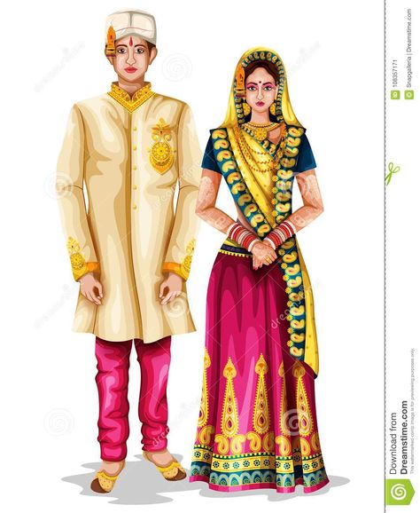 Madhya Pradesh Traditional Dress, Illustration Of Couple, India Illustration, Indian States, Theme Board, Indian Couple, Indian Wedding Couple, Dress Illustration, Traditional Indian Dress