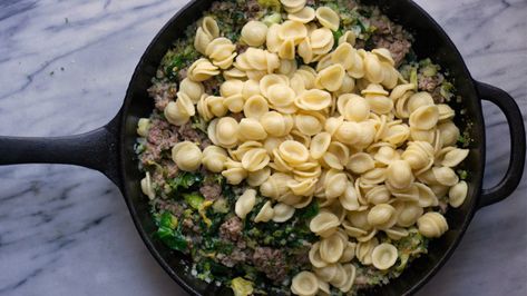 Whole-grain Pasta, Brussels Sprouts, and Sausage Skillet Pasta Brussel Sprouts, Healthy Affordable Meals, Brussel Sprout Pasta, Whole Grain Pasta, Sausage Skillet, Affordable Meals, Pasta Skillet, Healthy Italian, Ground Italian Sausage