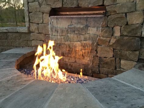 Outdoor Living Designs: Custom paver patio and fire pit/water feature. Fire Fountain, Patio Fire Pits, Patio Water Feature, Landscaping Water Feature, Stone Bricks, Fire Pit Gallery, Outside Fire Pits, Diy Water Feature, Fire Pit Materials